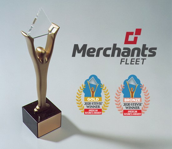 Trophy figure with a glass star next to gold and bronze Stevie Awards for Merchants Fleet.