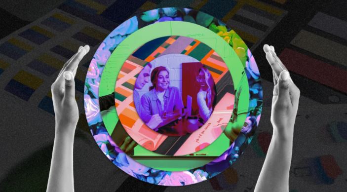 A collage of hands framing circular images of people talking, surrounded by colorful patterns and flowers.