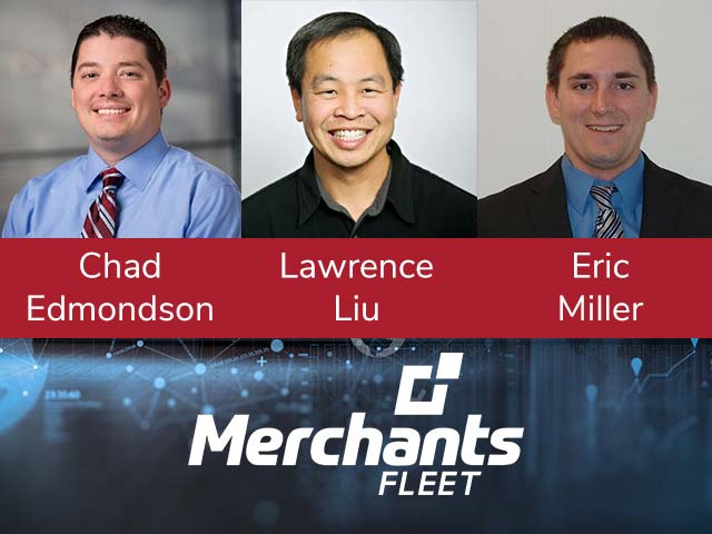 Three men wearing business attire with "Merchants Fleet" logo below their photos, names: Chad Edmondson, Lawrence Liu, Eric Miller.