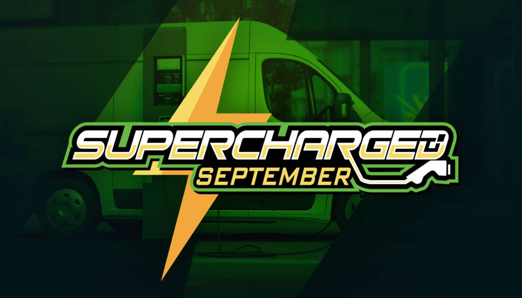 Supercharged September" logo with a lightning bolt over a background of a van at a charging station.