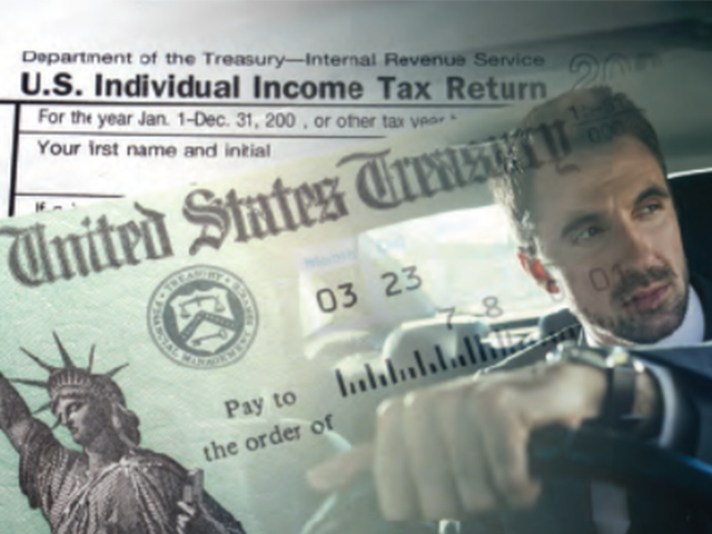 Man driving with an overlay of a U.S. tax return form and a Treasury check in the foreground.