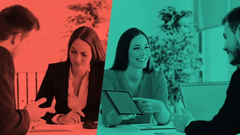 Split image: left side in red with serious meeting, right side in green with smiling discussion over a tablet.