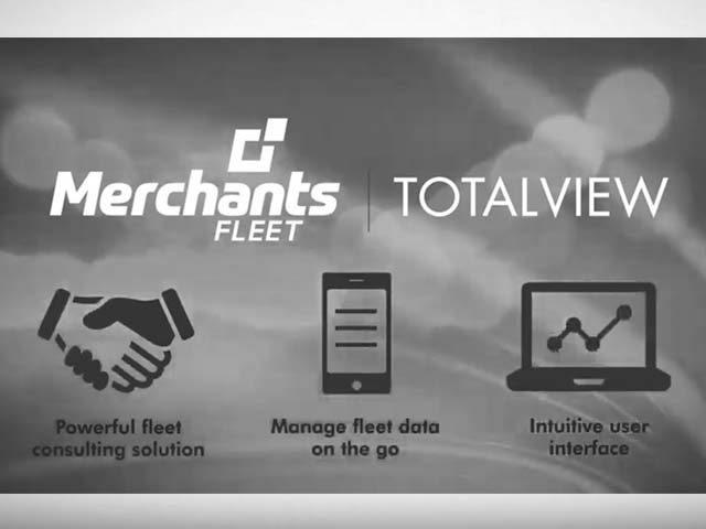 Black and white graphic promoting Merchants Fleet services with icons for consulting, mobile management, and user interface.