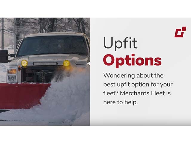 Truck with snowplow clearing snow; text about upfit options by Merchants Fleet.
