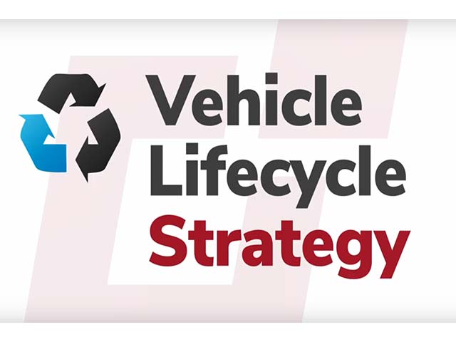 Recycling symbol next to text: "Vehicle Lifecycle Strategy" in black and red font.