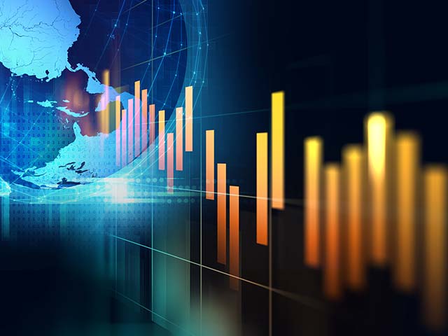 Bar graphs with glowing bars on a dark digital map background illustrating global data analysis or financial trends.