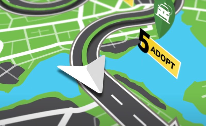 Illustration of a navigation map with a paper airplane icon, curved roads, and a "5 ADOPT" sign.