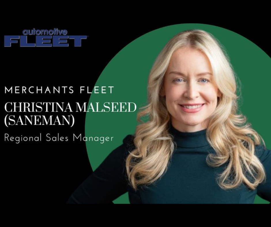 Blonde woman in black top with text: "Merchants Fleet, Christina Malseed (Saneman), Regional Sales Manager.