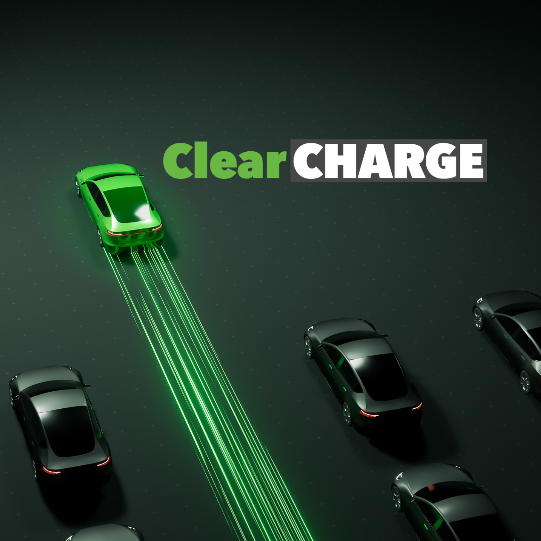 Green car with neon trails on a road; "ClearCharge" is written above in bold green and white letters.