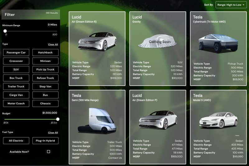 Vehicle selection interface displaying electric car options with filters and sorting features.