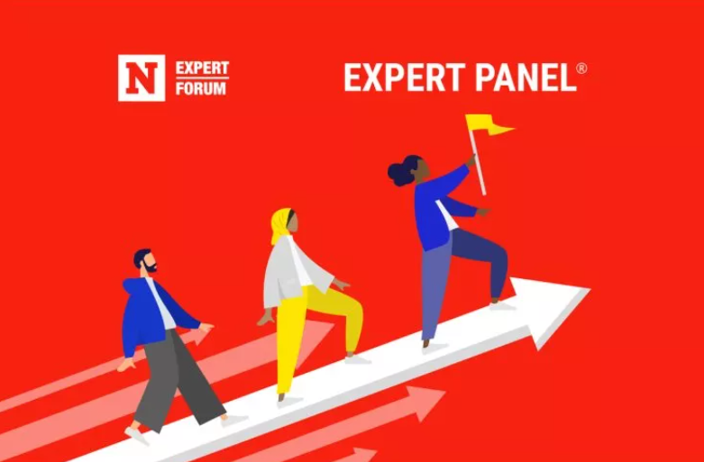 Illustration of three people climbing upward arrows, holding a flag, on a red background with "EXPERT PANEL" text.
