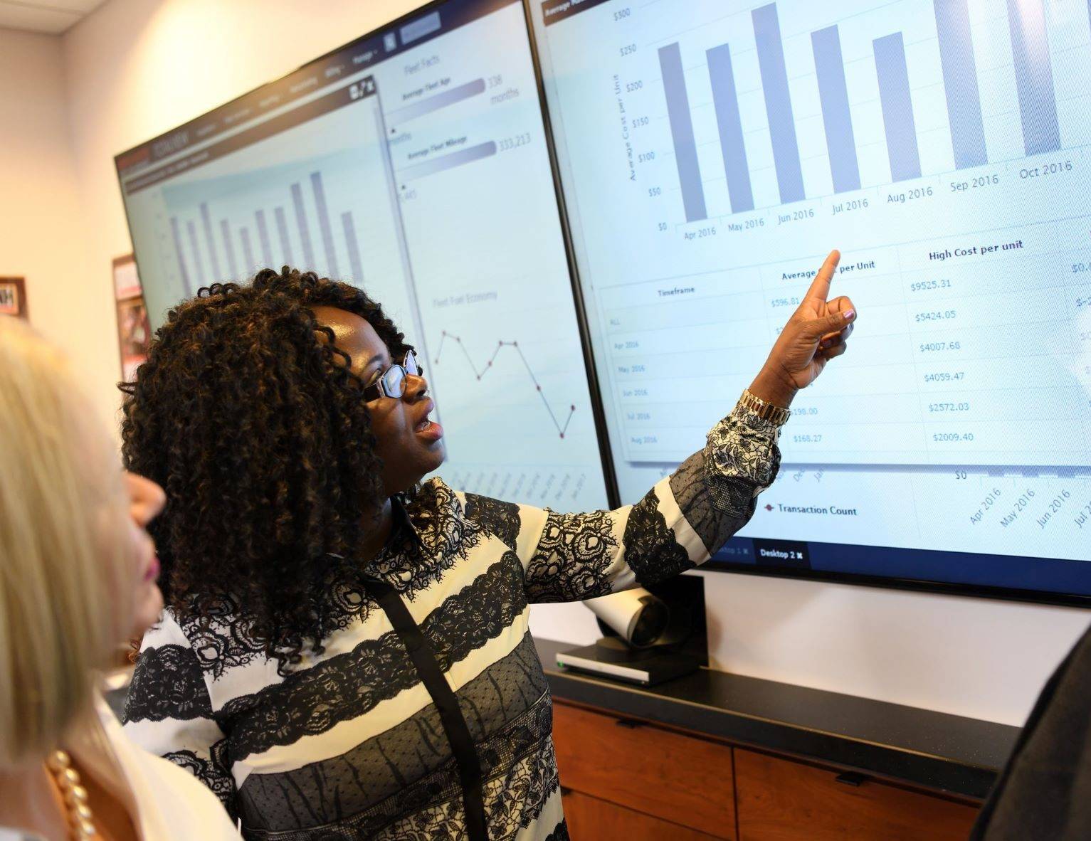 A woman points at data on a large screen during a presentation with two people watching.