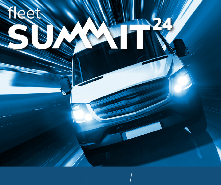 White van speeding with motion blur effects, "Fleet Summit 24" text overlaid in bold letters.