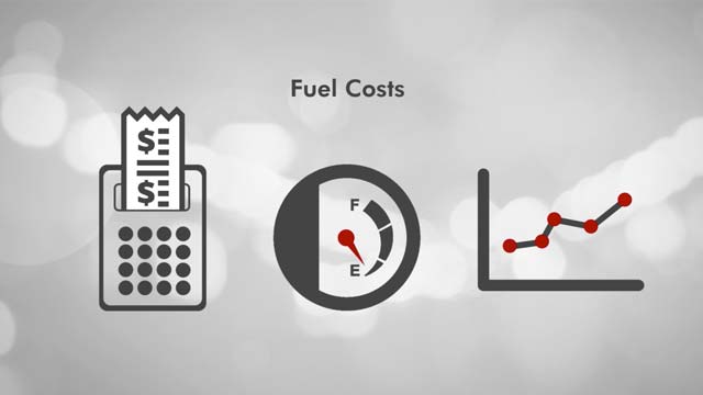 Icons of a calculator with a receipt, fuel gauge, and a line graph representing fuel costs.