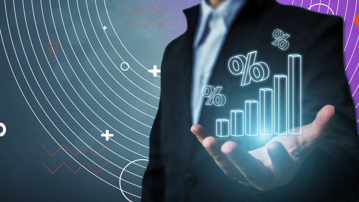 Person holding a holographic bar graph with percentage signs, abstract background with lines and geometric shapes.