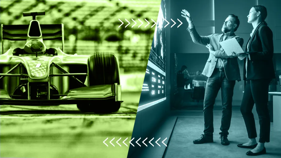 A race car on track next to two people analyzing data on a screen, illustrating technology in racing.