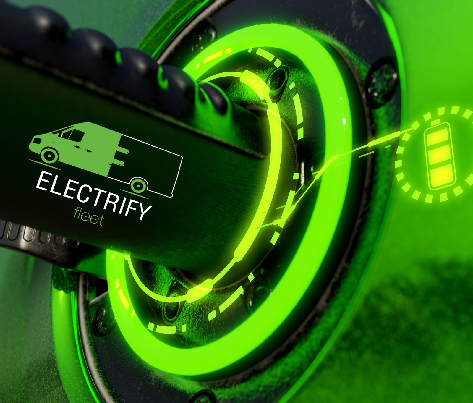 Electric vehicle plugged in for charging with a glowing green light and "Electrify Fleet" logo on the charging cable.