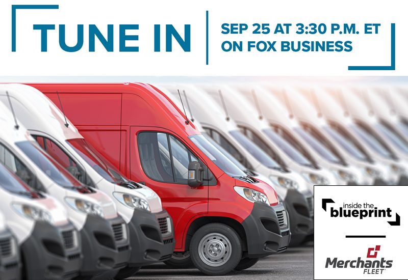 Fleet of vans with one red van standing out; text details a TV show on Fox Business airing Sept 25 at 3:30 P.M. ET.