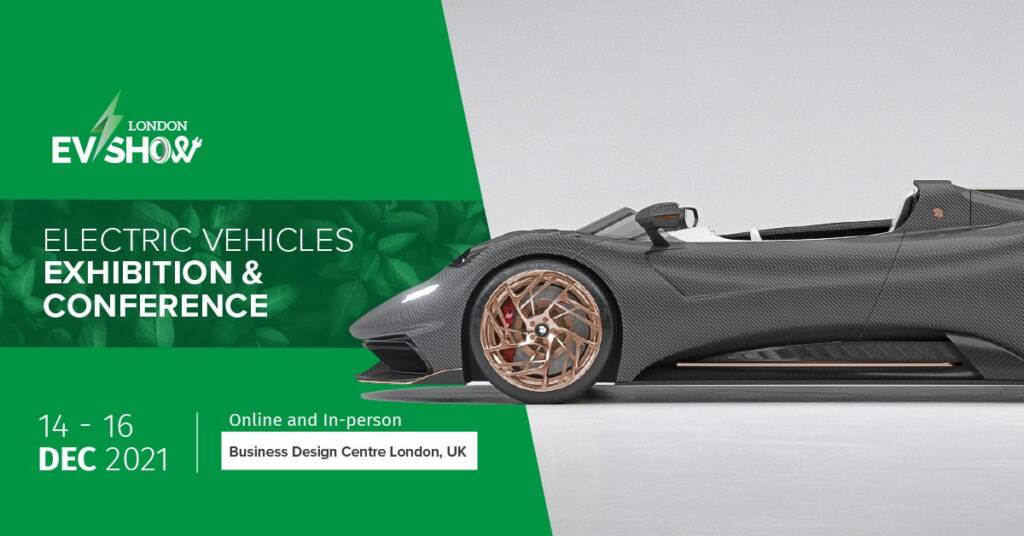 Promo image for London EV Show 2021 featuring a sleek electric car, event details on green and white background.