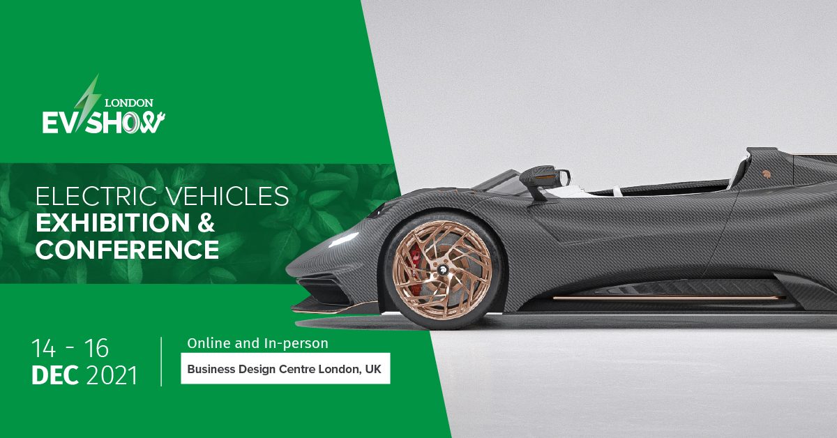 Promo image for London EV Show 2021 featuring a sleek electric car, event details on green and white background.