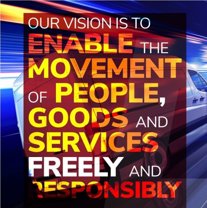 Text: "Our vision is to enable the movement of people, goods, and services freely and responsibly." Background: Blurred vehicle.