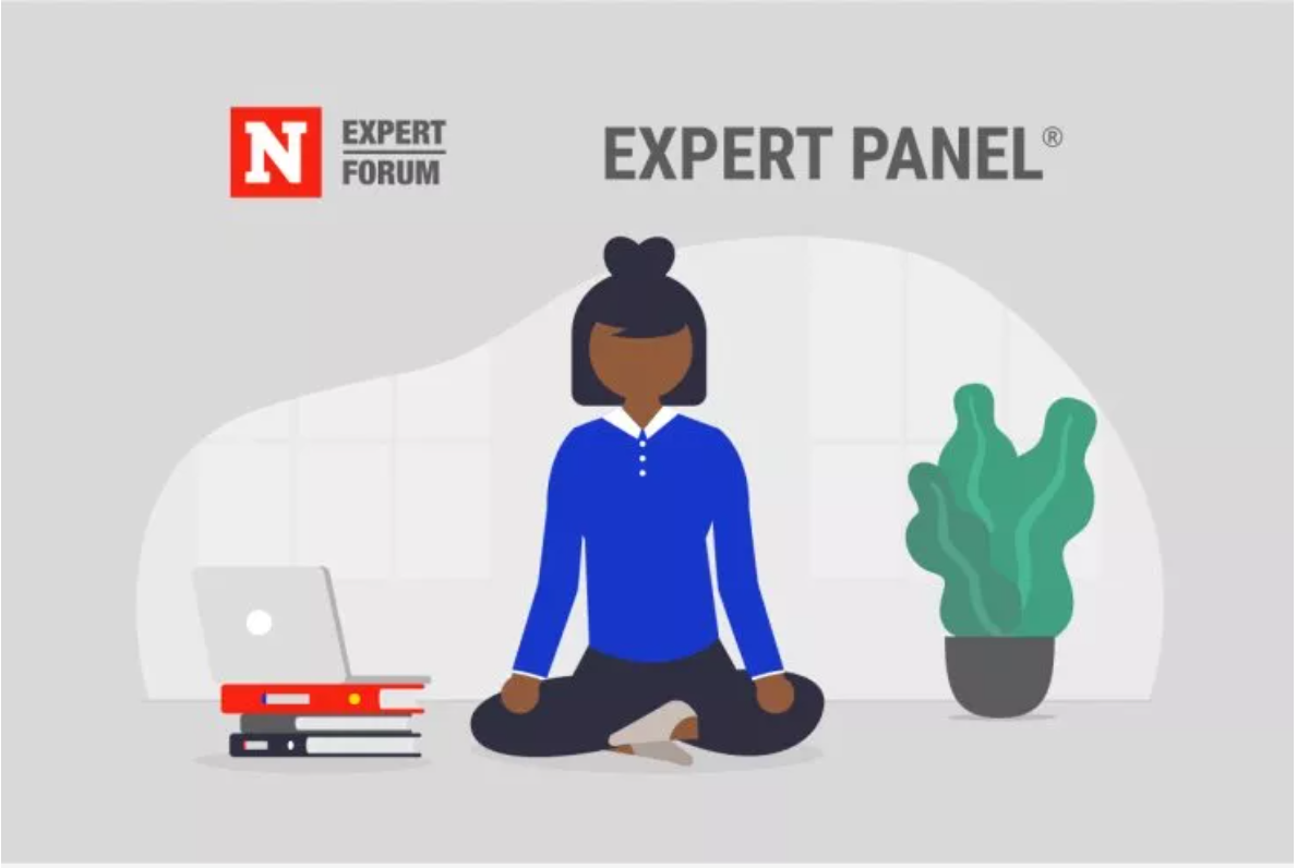 Illustration of a person meditating near a laptop and books, with a plant in the background and text "Expert Panel".