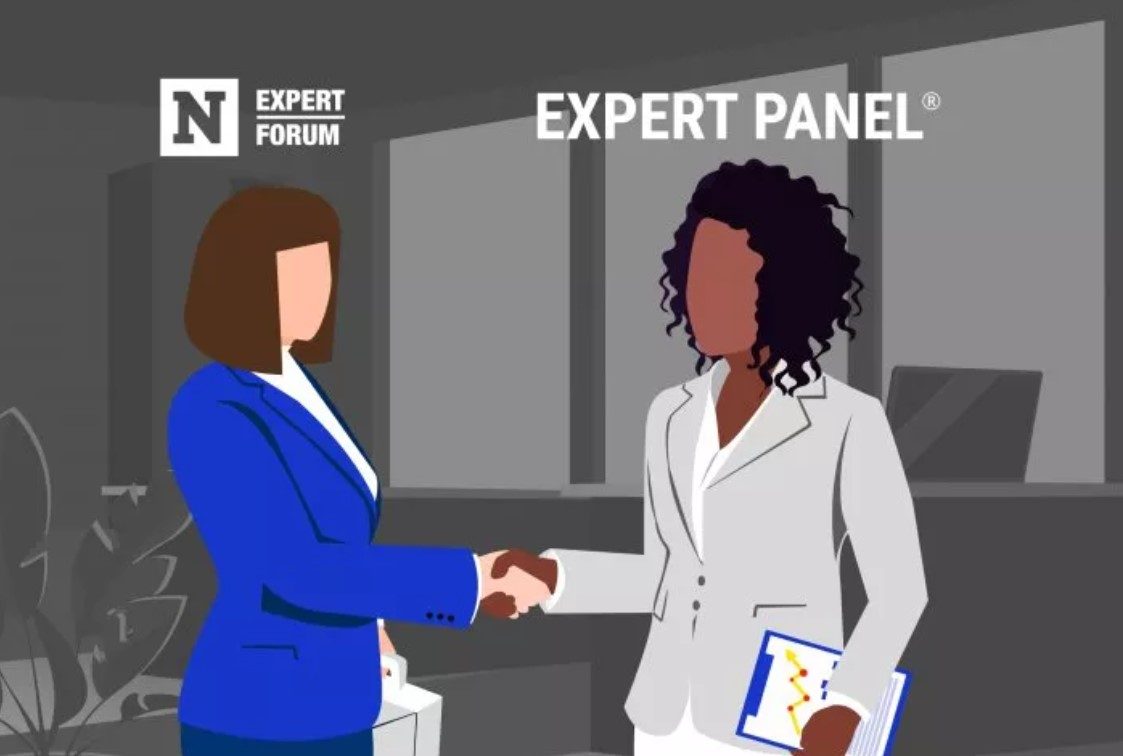 Two professionals in business attire shaking hands, holding folders, with "Expert Panel" text above.