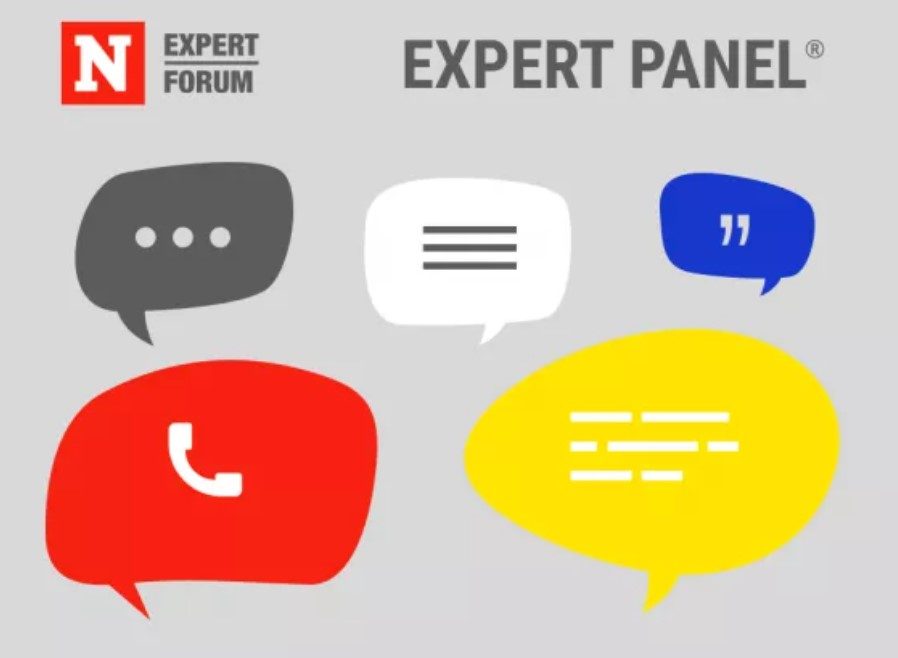 Speech and thought bubbles with icons and text on a gray background; labeled "EXPERT PANEL" and "EXPERT FORUM.