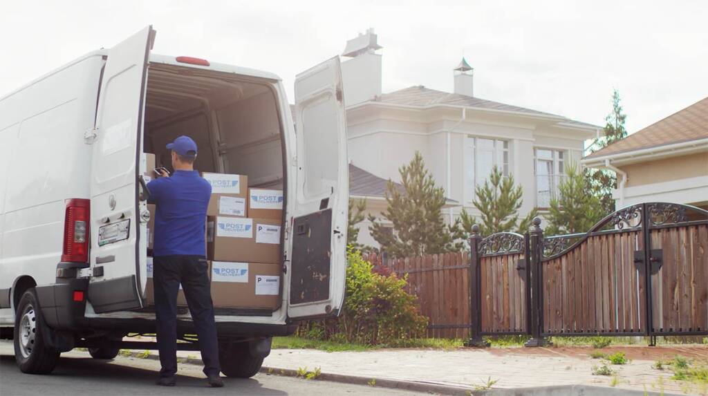 Delivery person unloading packages from a van in front of a suburban house.