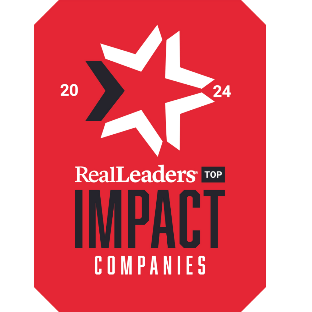 Red badge with a star and arrow design, reads "RealLeaders Top Impact Companies 2024.