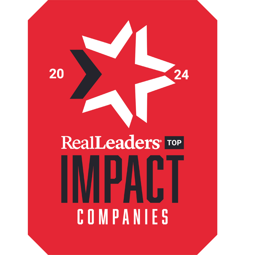 Red badge with a star and arrow design, reads "RealLeaders Top Impact Companies 2024.