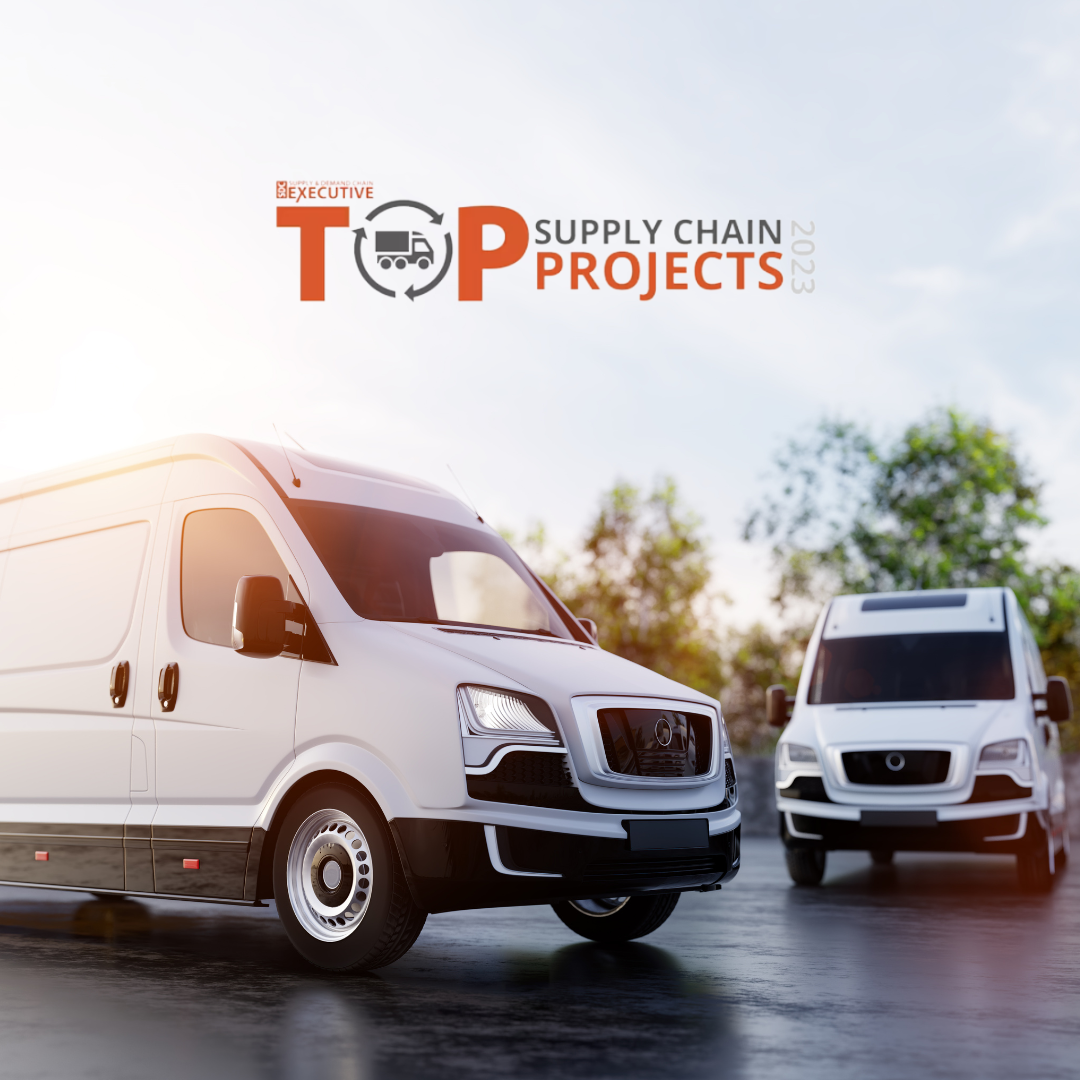 Two white delivery vans on a sunny day, with a "Top Supply Chain Projects 2023" logo above.