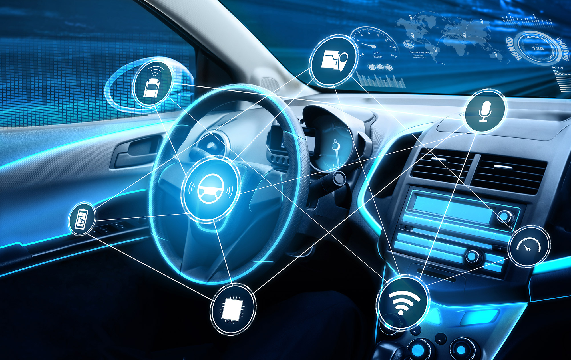 Futuristic car dashboard with digital interface, showing connectivity and smart tech features.