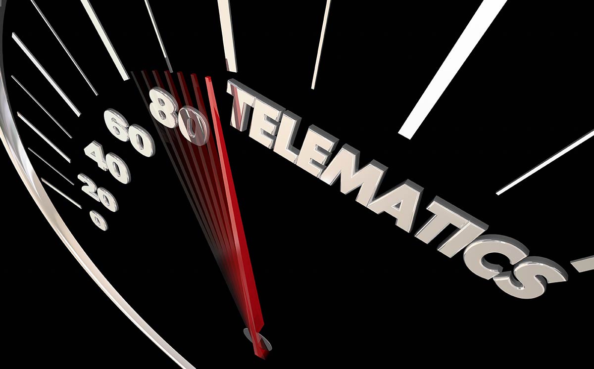 Speedometer graphic with needle pointing to 80 and the word "TELEMATICS" in bold letters.