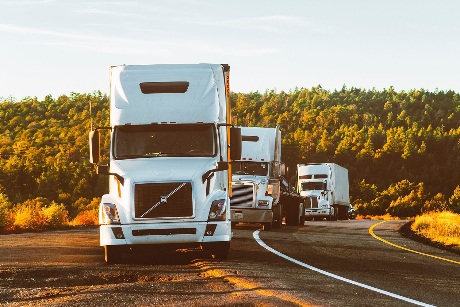 Three white semi-trucks parked on a winding road against a backdrop of trees and clear sky.