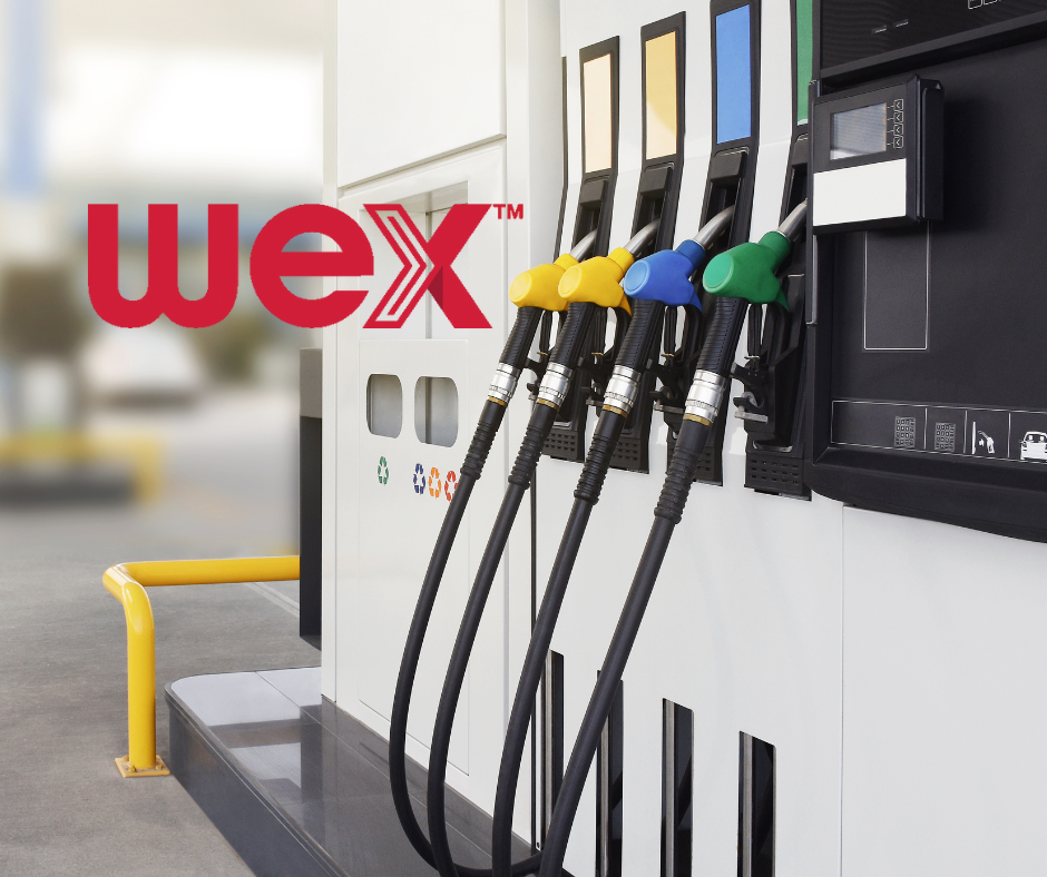 Fuel pump station with multi-colored nozzles and a visible "WEX" logo.