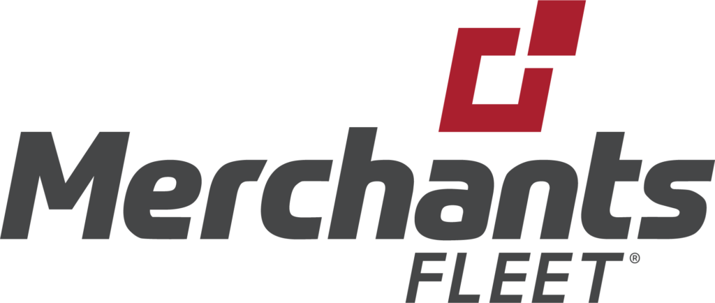 Logo of Merchants Fleet with stylized red and black text and geometric design.