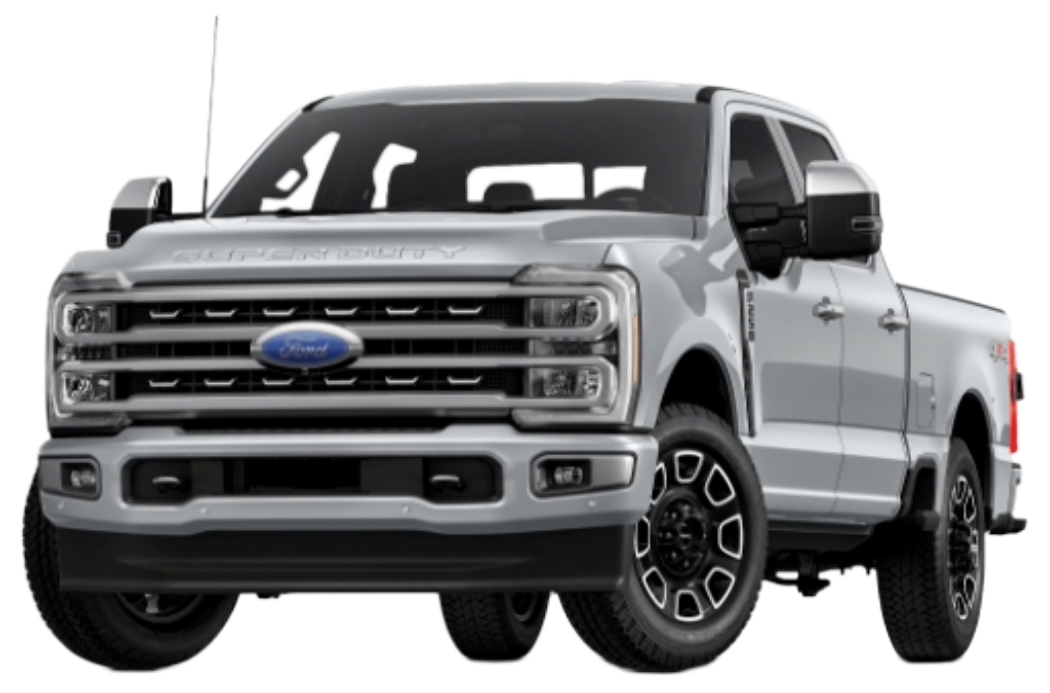 Silver Ford Super Duty pickup truck, front and side view, white background.