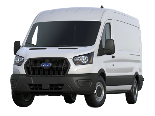 White cargo van with black grille and trim, facing forward on a white background.