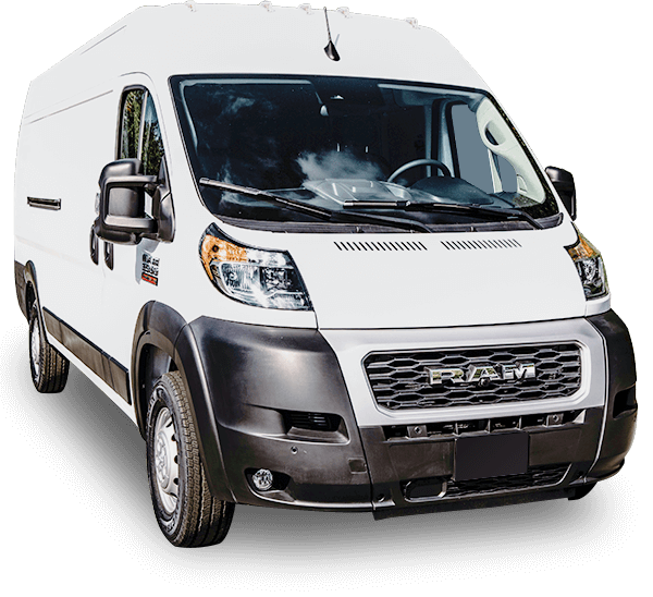 White RAM ProMaster cargo van, front and side view, isolated on a plain background.
