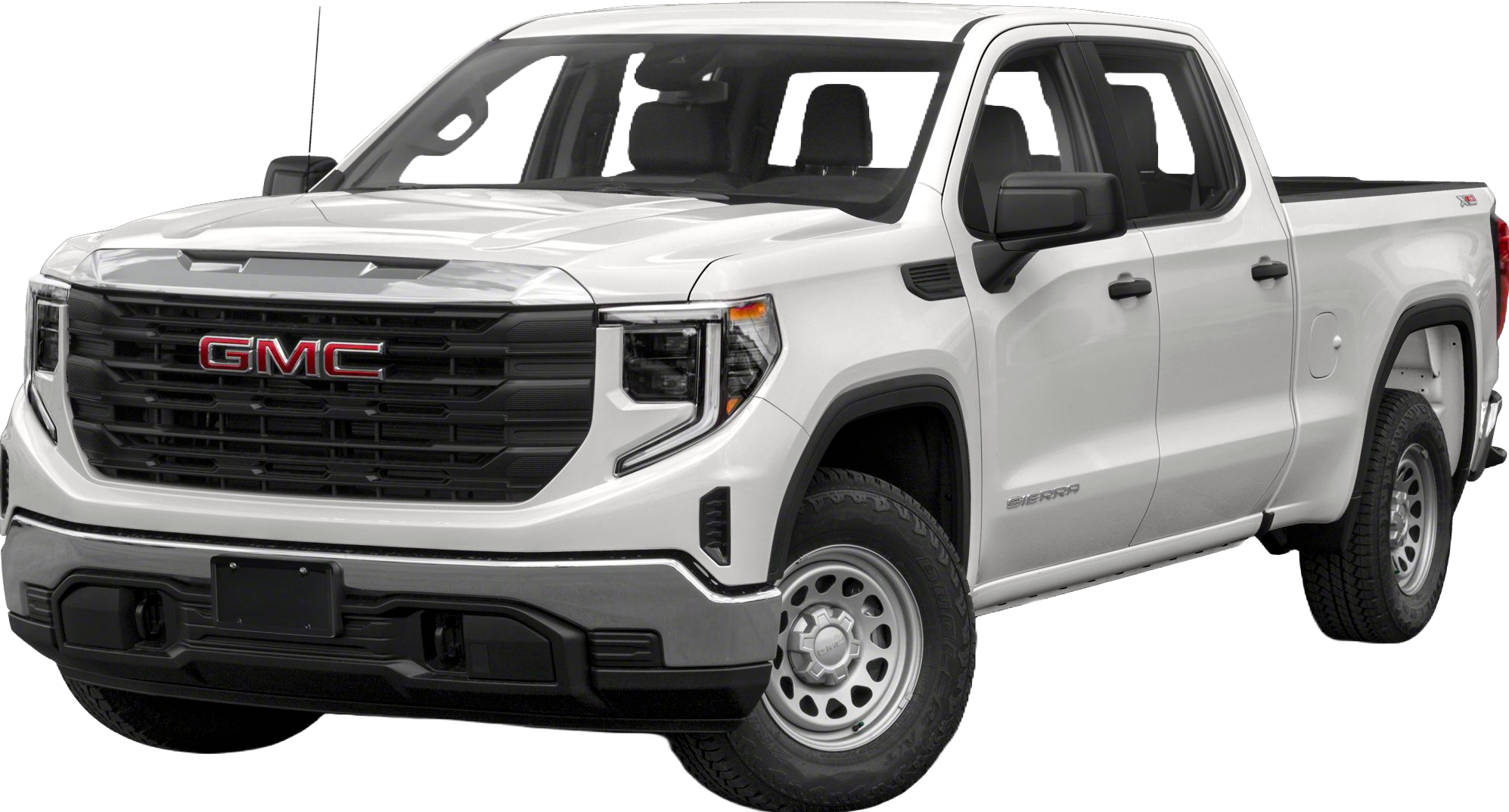 White GMC pickup truck, front and side view, with chrome accents and black grille.