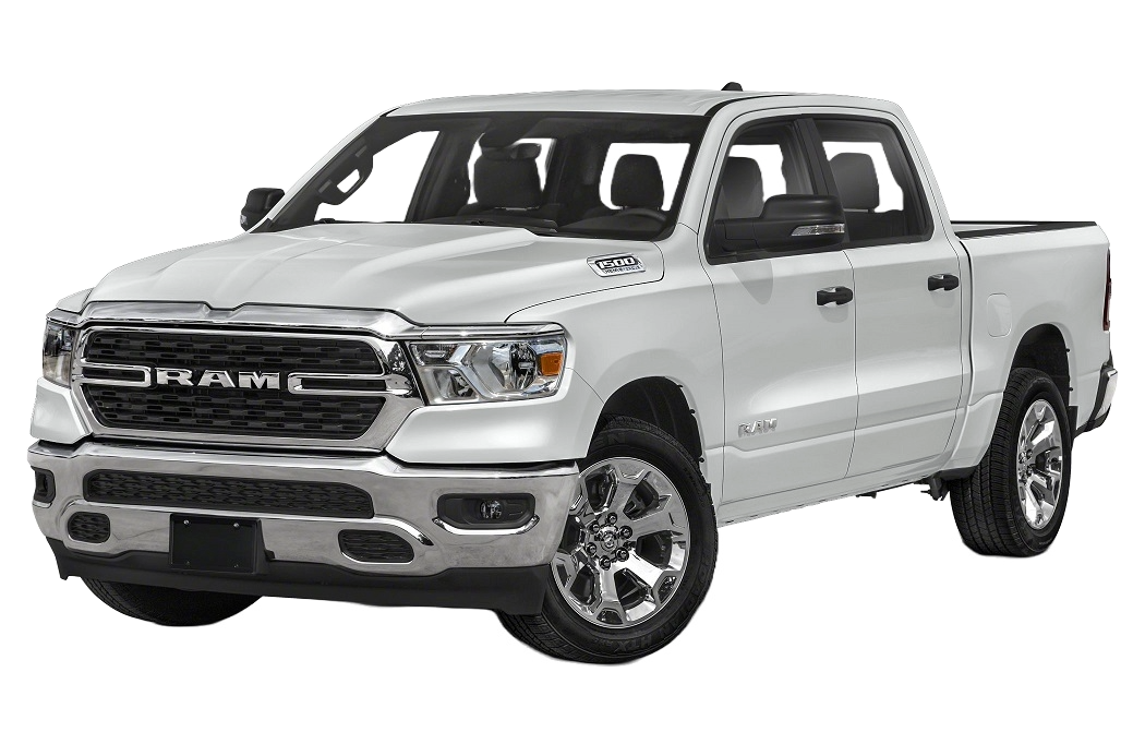 White pickup truck with chrome accents and RAM logo on grille, viewed from the front-right angle.