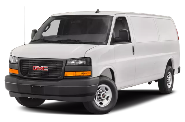 White GMC cargo van displayed at an angle, parked on a white background.