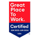 Badge reading "Great Place To Work, Certified, Jun 2023–Jun 2024, USA" on a red and blue background.