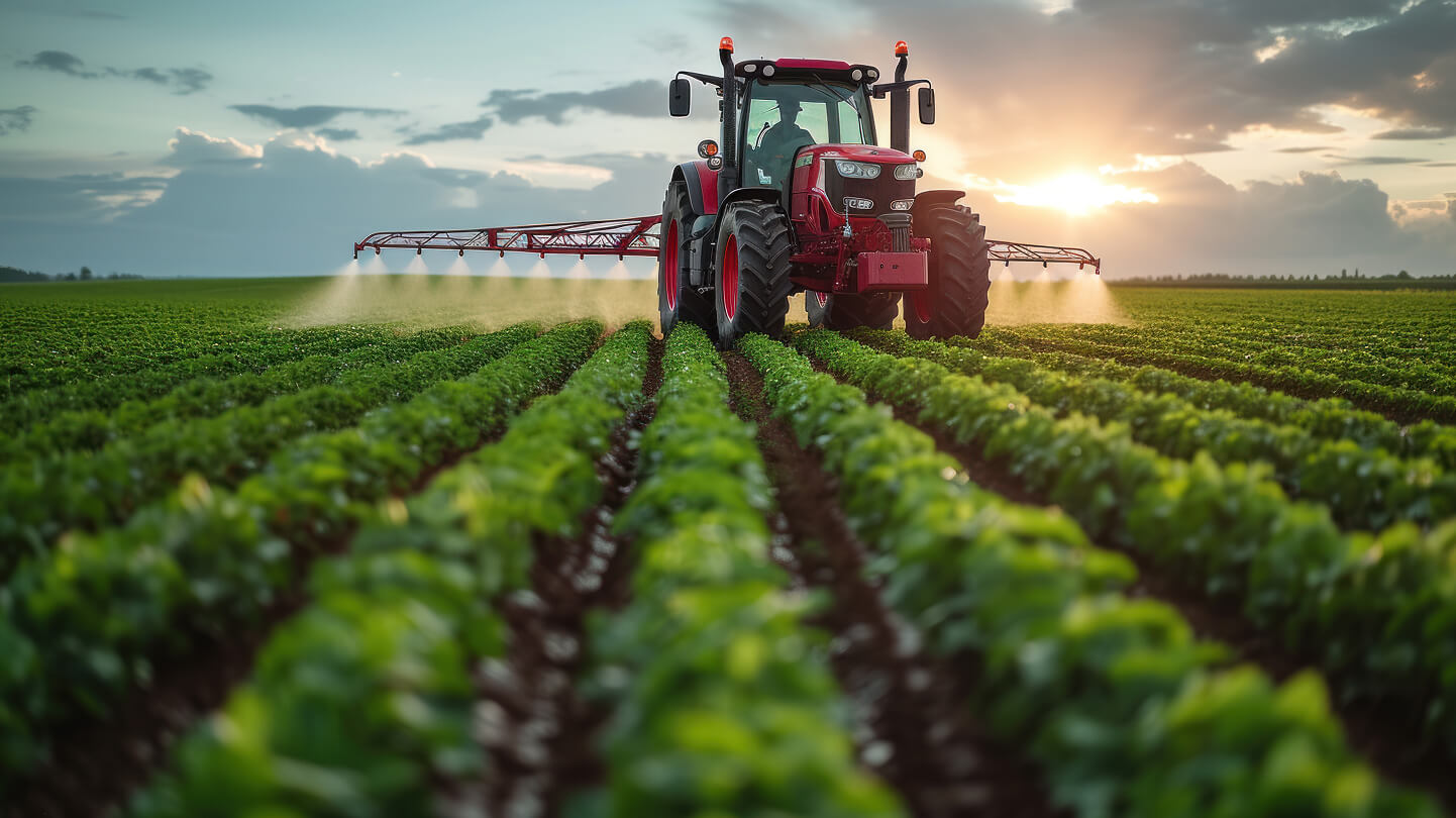 A red tractor sprays crops in a green field at sunset, with dramatic clouds in the sky.