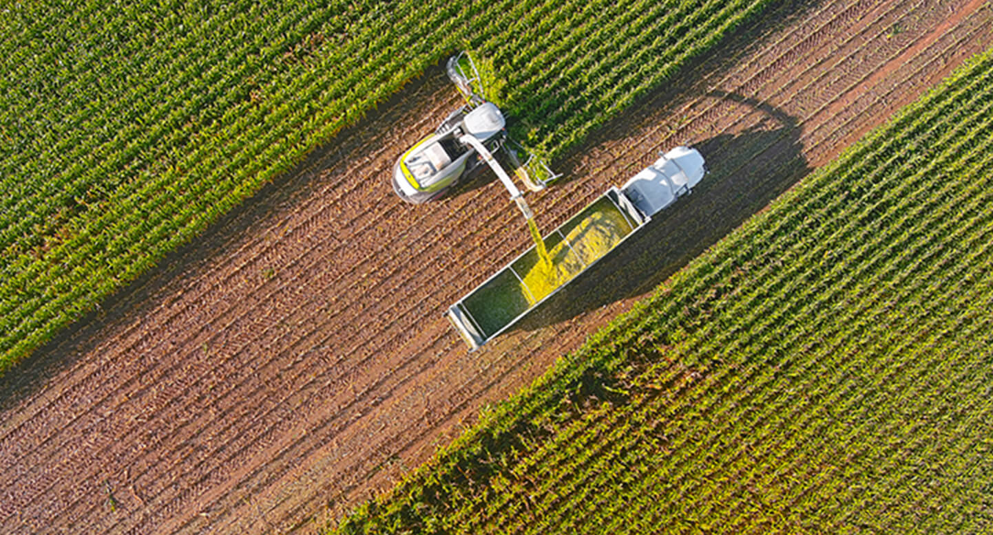 Aerial view of a harvester loading crops into a trailer, driving through a green field.