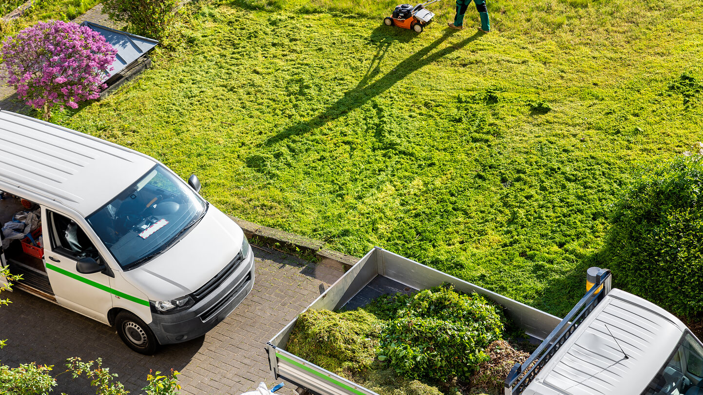 Person mowing a lawn; white van and trailer with grass clippings nearby; purple flowering bush in view.