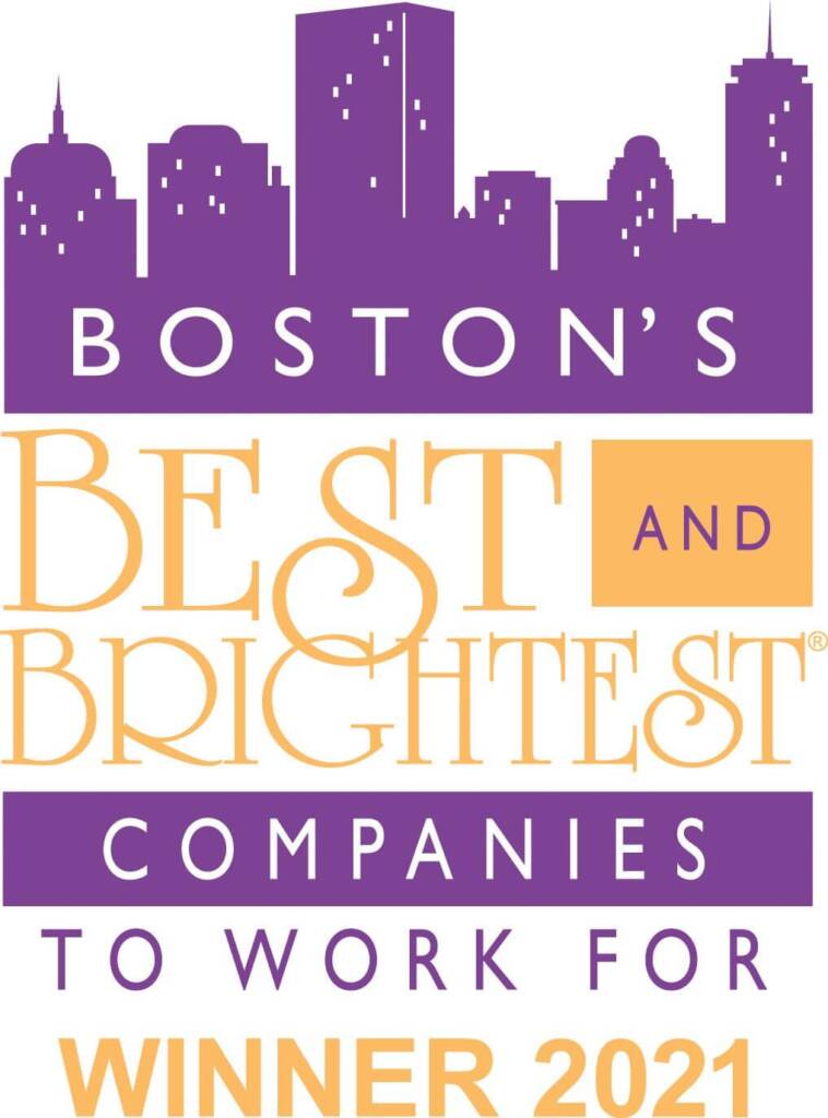 Purple and orange logo with Boston skyline, reading "Boston's Best and Brightest Companies to Work For Winner 2021.