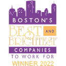 Award logo for "Boston's Best and Brightest Companies to Work For" with city skyline and "Winner 2022" text.