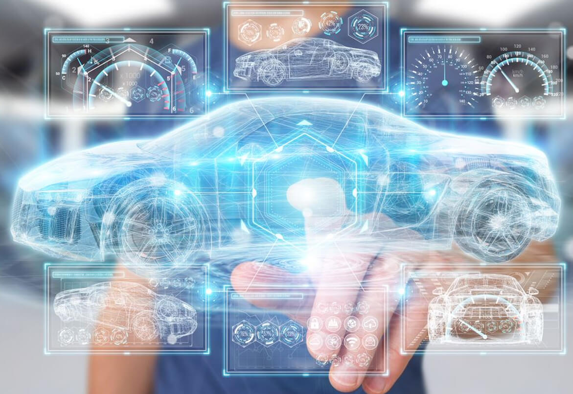 A person interacts with a futuristic holographic car dashboard displaying various digital interfaces and data.